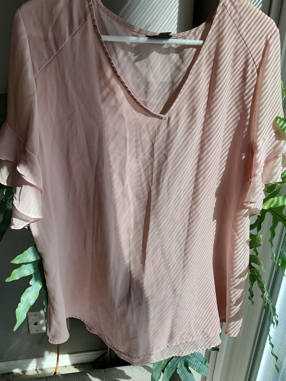 Worthington Soft Pink V-Neck Ruffle Sleeve Blouse